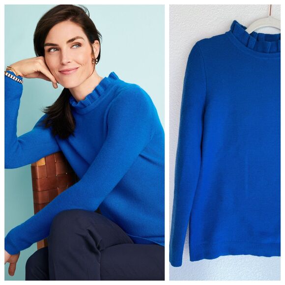 Talbots Sweaters - Talbots Women's Petite Ruffle Neck Knit Crew Neck Sweater in Royal Blue Size Lp